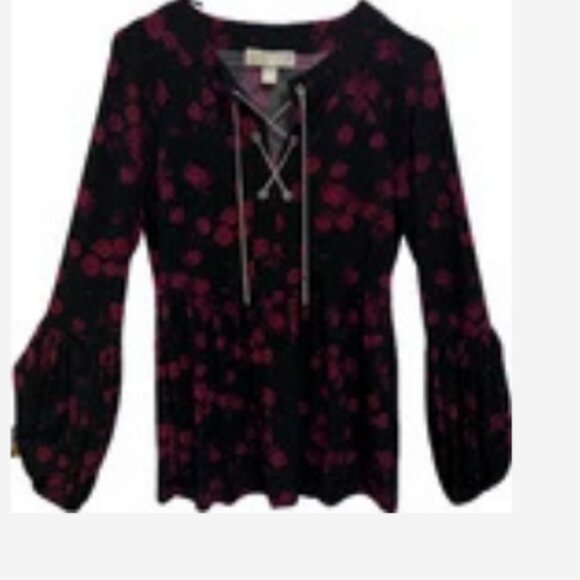 Michael Kors Top Blouse Women’s Size XXS Black Red Floral Tie-Up Gold Chain Boho - Picture 3 of 4